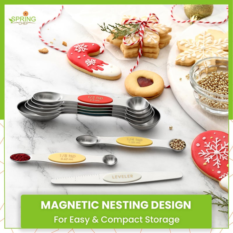 Spring Chef Stainless Steel Magnetic Measuring Spoons Set of 8 with Leveler, Metal Teaspoon & Tablespoon Measure Spoons Set for Baking & Cooking, Stackable & Double Sided Kitchen Gadgets - Very Merry - Image 4