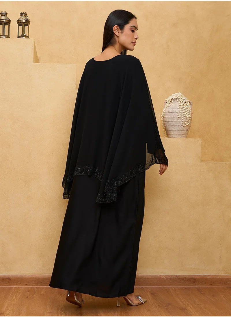 كوتور لابس Black Cape Abaya Kaftan with Sheila