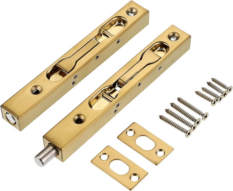 Luckam 2 Pcs 6 Inch Stainless Steel Door Bolts - Concealed Security Locks for French Doors, Metal Flush Latch for Composite Wood Double Dummy Doors, Elegant Gold Finish - Image 1