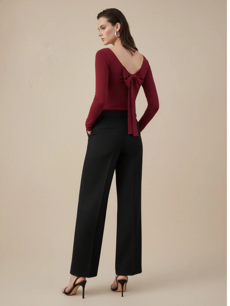 Outzidr  Red Back Scoop Neck With Bow Detail Top for Women | Best Price UAE