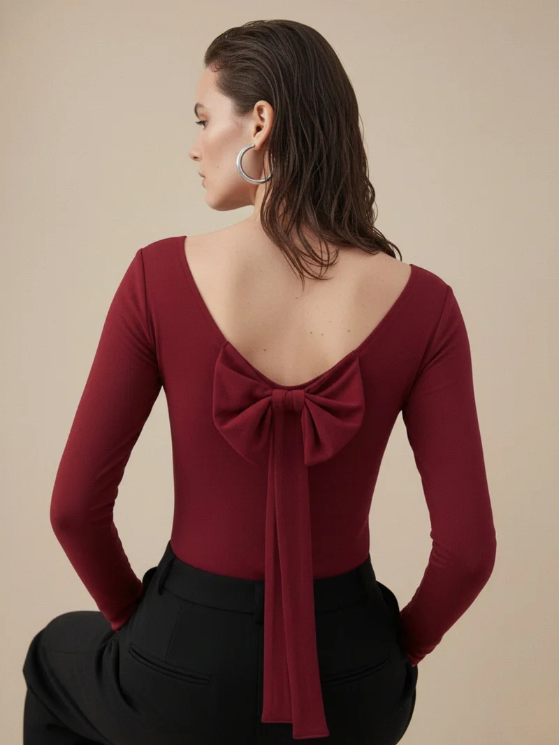 Outzidr  Red Back Scoop Neck With Bow Detail Top for Women | Best Price UAE