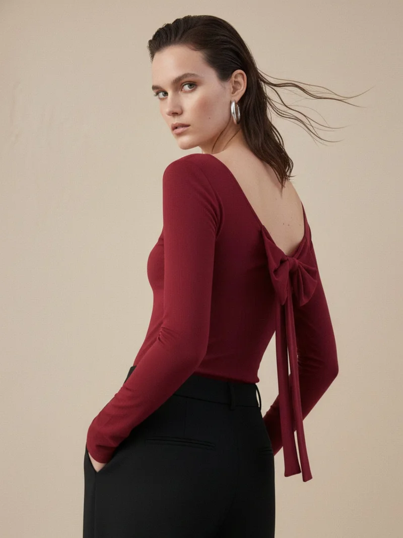 Outzidr  Red Back Scoop Neck With Bow Detail Top for Women | Best Price UAE