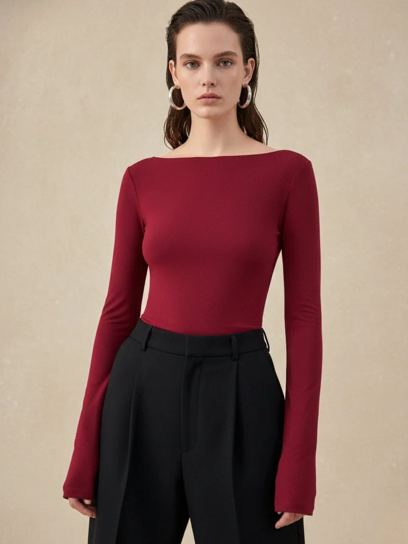Outzidr  Red Back Scoop Neck With Bow Detail Top for Women | Best Price UAE