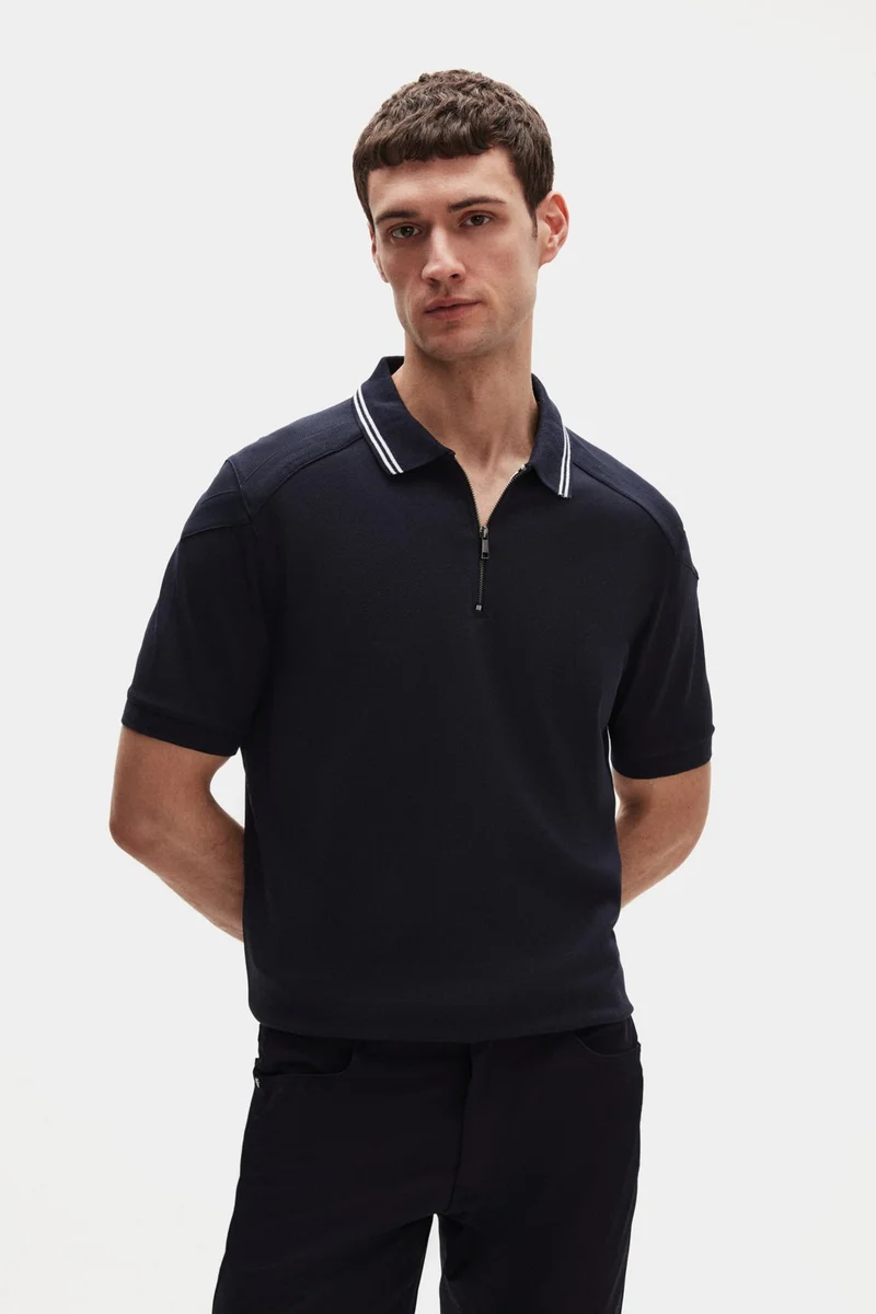 D'S DAMAT Ds Damat Regular Fit Navy Blue Pique Textured T-Shirt