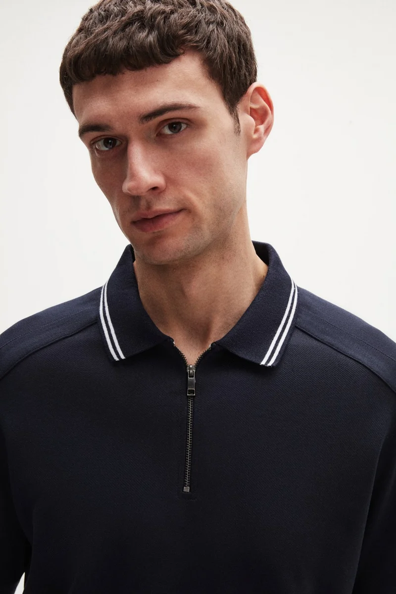 D'S DAMAT Ds Damat Regular Fit Navy Blue Pique Textured T-Shirt