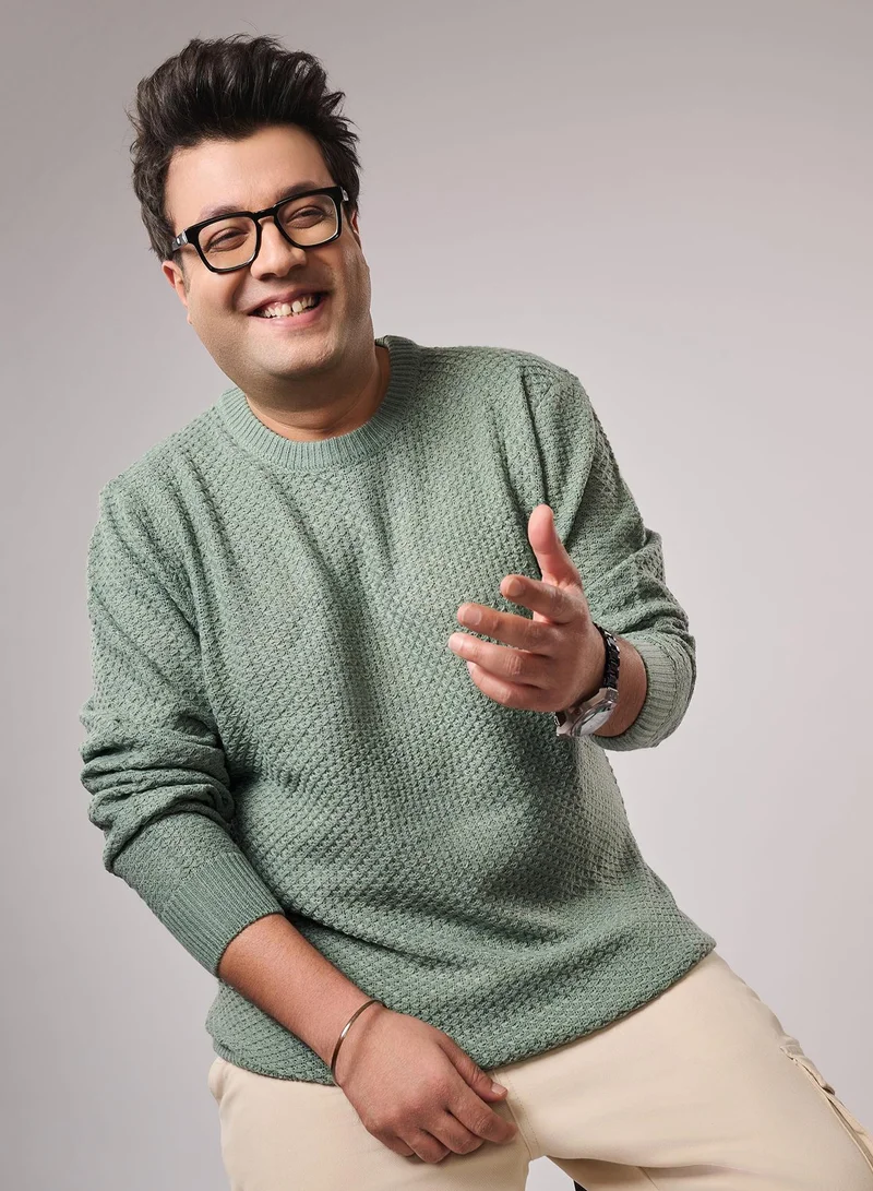 Instafab Plus Instafab Plus Men's Olive Green Textured Knit Pullover Sweater For Casual Wear | Crew Neck | Long Cuffed Sleeves | Pull On Closure | Plus-Size Sweater Crafted With Comfort Fit For Everyday Wear