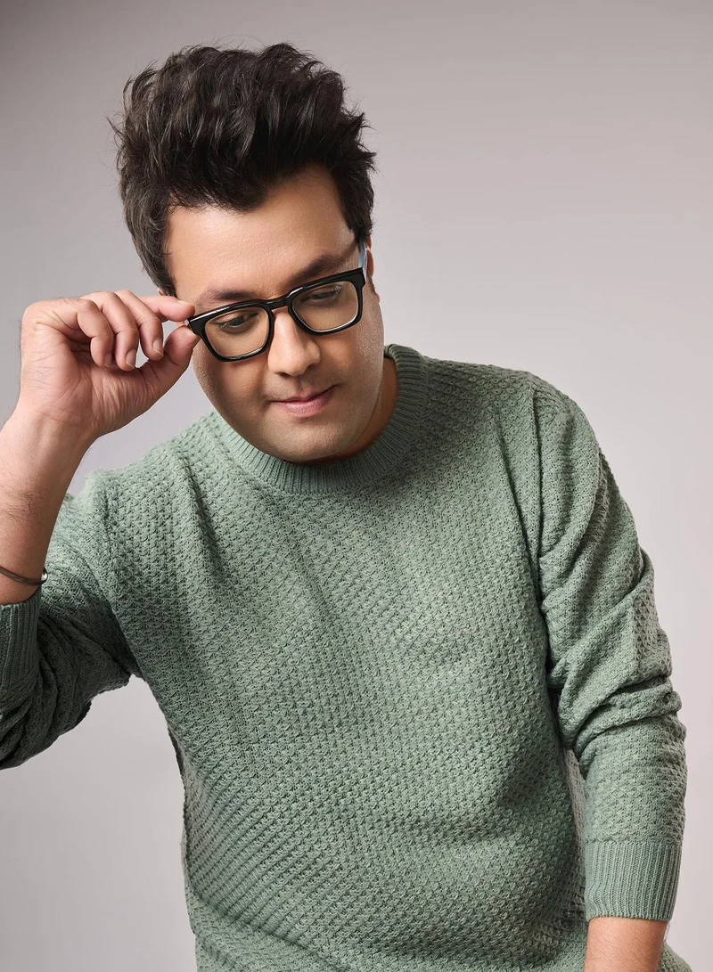 Instafab Plus Instafab Plus Men's Olive Green Textured Knit Pullover Sweater For Casual Wear | Crew Neck | Long Cuffed Sleeves | Pull On Closure | Plus-Size Sweater Crafted With Comfort Fit For Everyday Wear