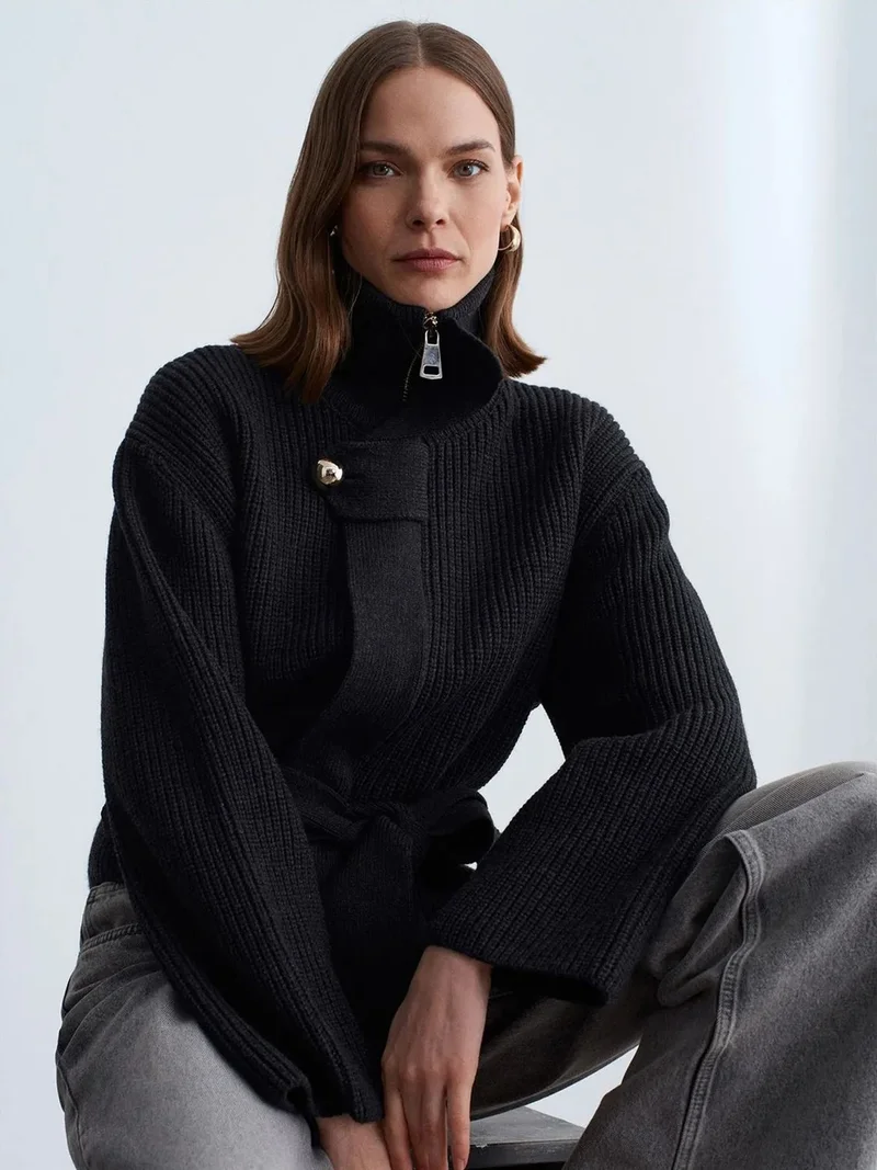 Dilvin DILVIN Belted Ribbed Shawl Collar Cardigan