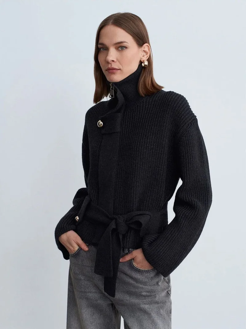 Dilvin DILVIN Belted Ribbed Shawl Collar Cardigan