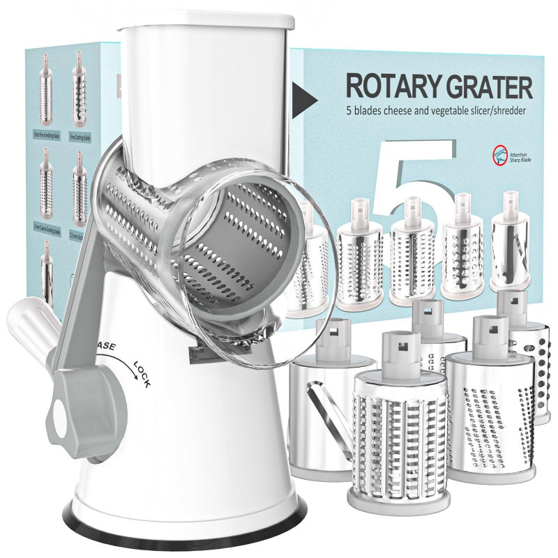 Cambom 5 in 1 Rotary Cheese Grater Hand Crank Cheese Shredder for Fresh Cheese Vegetable NutsNonslip Suction Base Five Blades White