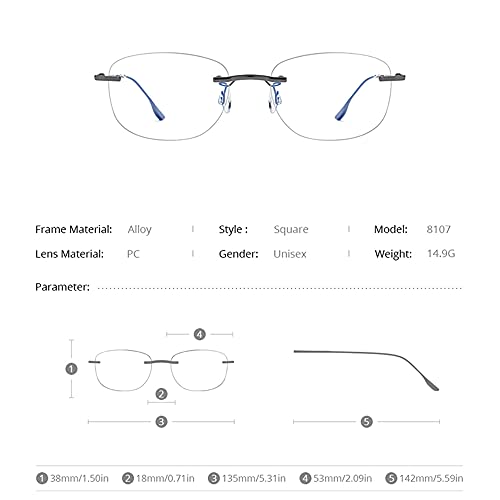 FONEX Metal Square Eyeglasses,Rimless Frameless Lightweight Glasses Frame for Men (8107 Grey) - Image 2