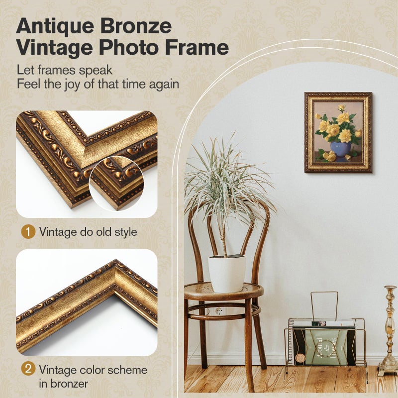 Splinterix 8x10 Gold Picture Frame, 2 Pack Ornate Vintage Picture Frames for Wall or Tabletop Display, 8x 10 Photo Frame Gold with Real Glass, Display Poster 5x7 with Mat or 8x10 without Mat for Antique DÃ©co - Image 4
