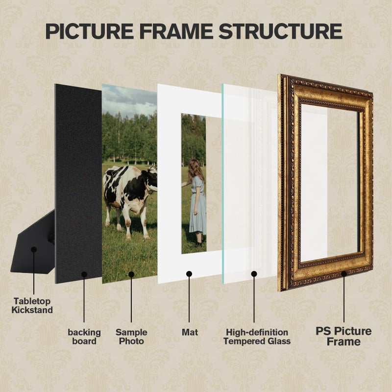Splinterix 8x10 Gold Picture Frame, 2 Pack Ornate Vintage Picture Frames for Wall or Tabletop Display, 8x 10 Photo Frame Gold with Real Glass, Display Poster 5x7 with Mat or 8x10 without Mat for Antique DÃ©co - Image 3