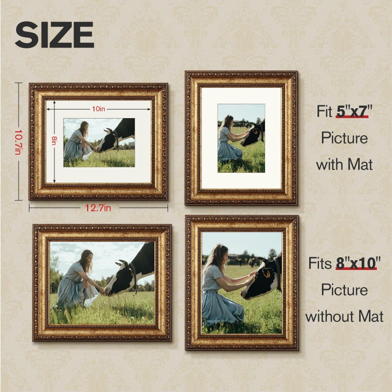 Splinterix 8x10 Gold Picture Frame, 2 Pack Ornate Vintage Picture Frames for Wall or Tabletop Display, 8x 10 Photo Frame Gold with Real Glass, Display Poster 5x7 with Mat or 8x10 without Mat for Antique DÃ©co - Image 2