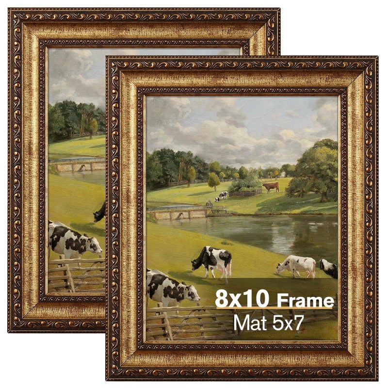 Splinterix 8x10 Gold Picture Frame, 2 Pack Ornate Vintage Picture Frames for Wall or Tabletop Display, 8x 10 Photo Frame Gold with Real Glass, Display Poster 5x7 with Mat or 8x10 without Mat for Antique DÃ©co - Image 1