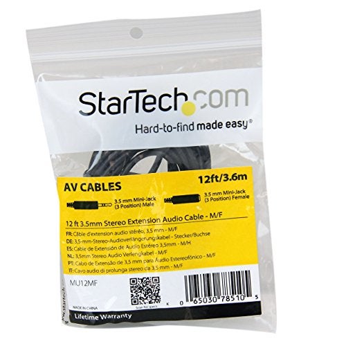 StarTech.com 12 ft. (3.7 m) 3.5mm Audio Extension Cable - PC Speaker Extension Audio Cable - Strain Relief - Black - Aux Cable (MU12MF) - Image 4
