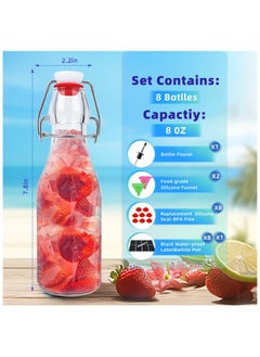 SKYLINK 8 Pack 8oz Glass Swing Top Bottles with Airtight Lids – Reusable Glass Bottles for Juice, Water, Soda, and Kombucha – Includes Extra Silicone Seals, Chalkboard Labels, Funnel & Pour Spout  - Image 2