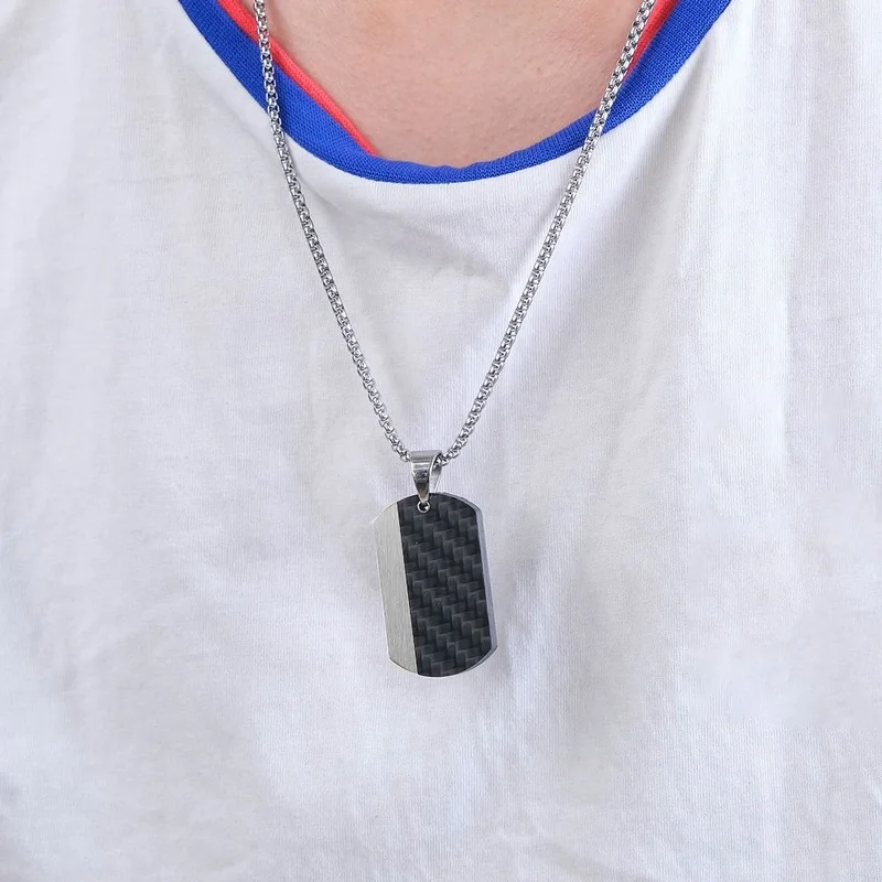Chavin Carbon Fiber Black Dogtag Military Tag Steel Men's Necklace EU50