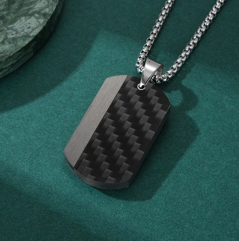 Chavin Carbon Fiber Black Dogtag Military Tag Steel Men's Necklace EU50