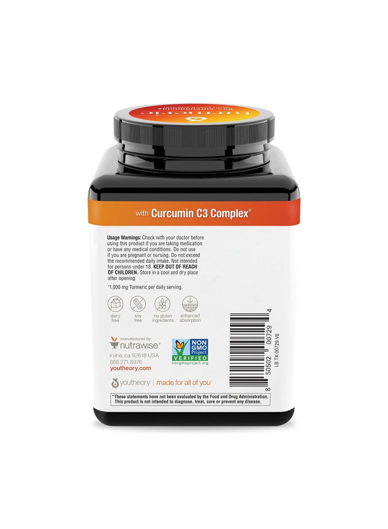 youtheory Turmeric Extra Strength Formula 1000 Mg Supports Healthy Inflammation Response 180 Vegetarian Capsules - Image 2