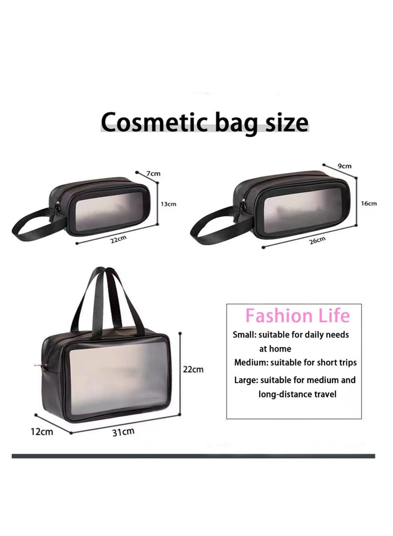 هاهاهاي 3 قطع من حقائب مستحضرات التجميل المحمولة، مجموعة حقائب أدوات الزينة الشفافة، حقائب المكياج، حقيبة تخزين PVC مقاومة للماء مع سحاب للإغلاق ومقبض، حقيبة منظمة متعددة الوظائف للشاطئ والمسبح والمنتجع الصحي والصالة الرياضية (سوداء) - Image 2