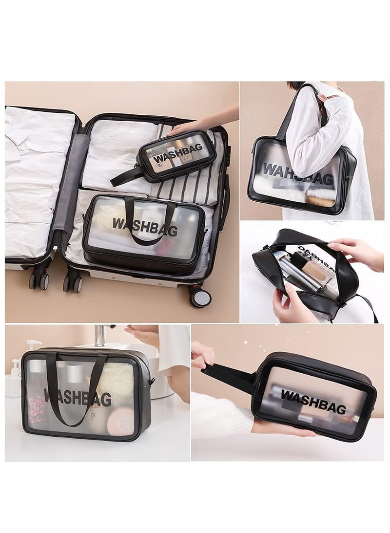 هاهاهاي 3 قطع من حقائب مستحضرات التجميل المحمولة، مجموعة حقائب أدوات الزينة الشفافة، حقائب المكياج، حقيبة تخزين PVC مقاومة للماء مع سحاب للإغلاق ومقبض، حقيبة منظمة متعددة الوظائف للشاطئ والمسبح والمنتجع الصحي والصالة الرياضية (سوداء) - Image 3