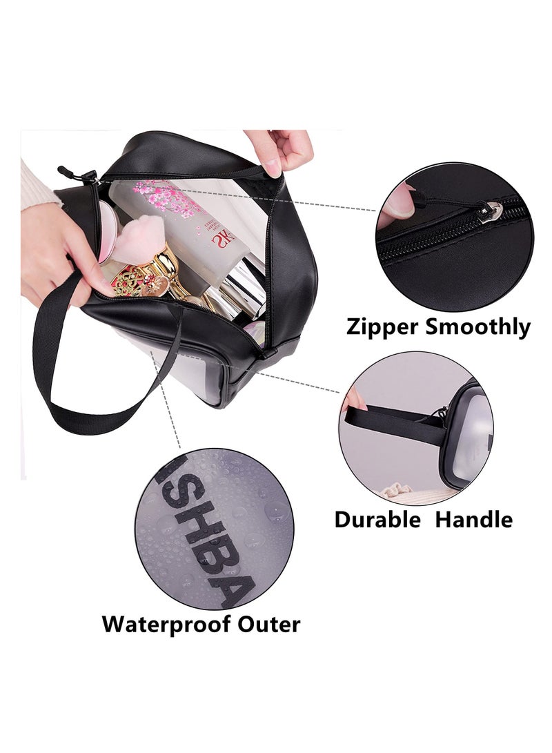 هاهاهاي 3 قطع من حقائب مستحضرات التجميل المحمولة، مجموعة حقائب أدوات الزينة الشفافة، حقائب المكياج، حقيبة تخزين PVC مقاومة للماء مع سحاب للإغلاق ومقبض، حقيبة منظمة متعددة الوظائف للشاطئ والمسبح والمنتجع الصحي والصالة الرياضية (سوداء) - Image 4