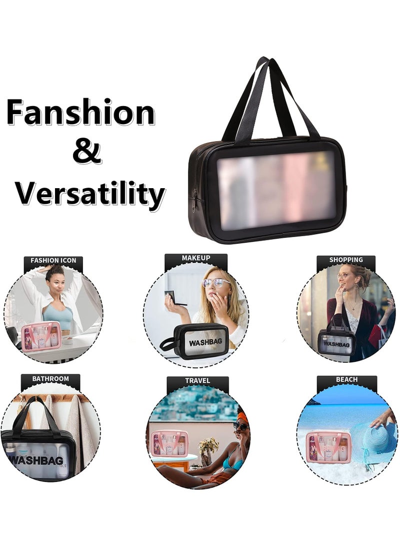 هاهاهاي 3 قطع من حقائب مستحضرات التجميل المحمولة، مجموعة حقائب أدوات الزينة الشفافة، حقائب المكياج، حقيبة تخزين PVC مقاومة للماء مع سحاب للإغلاق ومقبض، حقيبة منظمة متعددة الوظائف للشاطئ والمسبح والمنتجع الصحي والصالة الرياضية (سوداء) - Image 5