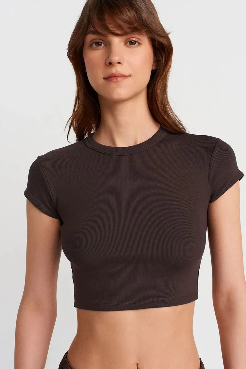 Dilvin Coffee Brown DILVIN Women's Slim Fit Crop Crew Neck T-Shirt for Women | Best Price UAE