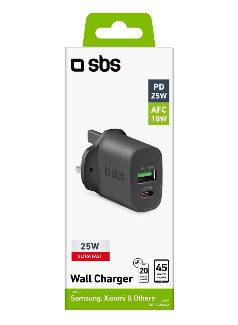 SBS شاحن جداري فائق السرعة PD 25 وات بمنفذين USB-a وType-c، قابس المملكة المتحدة باللون الأبيض متوافق مع iPad وiPad Pro وiPhone 14 Pro Max و14 Pro و14Plus وiPhone وiPad وSamsung وHuawei وOppo وغيرها - Image 3