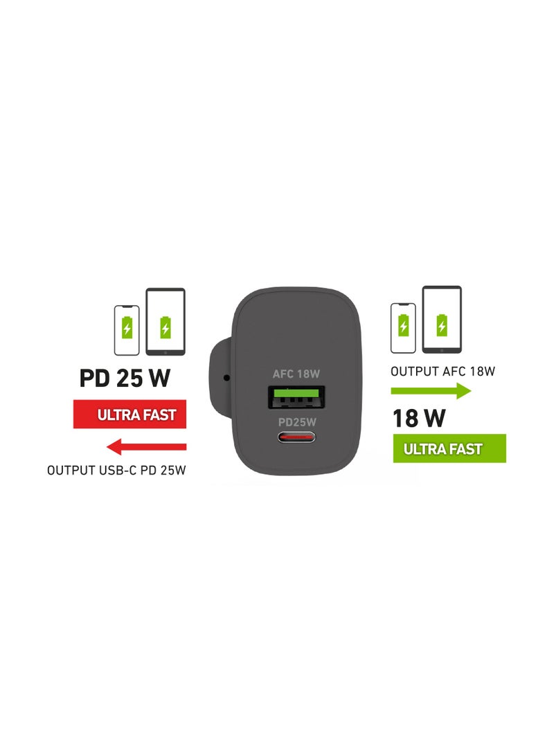 SBS شاحن جداري فائق السرعة PD 25 وات بمنفذين USB-a وType-c، قابس المملكة المتحدة باللون الأبيض متوافق مع iPad وiPad Pro وiPhone 14 Pro Max و14 Pro و14Plus وiPhone وiPad وSamsung وHuawei وOppo وغيرها - Image 2