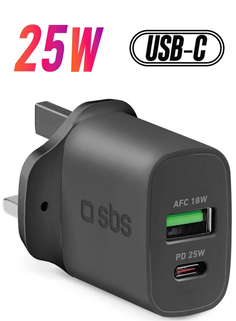 SBS شاحن جداري فائق السرعة PD 25 وات بمنفذين USB-a وType-c، قابس المملكة المتحدة باللون الأبيض متوافق مع iPad وiPad Pro وiPhone 14 Pro Max و14 Pro و14Plus وiPhone وiPad وSamsung وHuawei وOppo وغيرها - Image 1