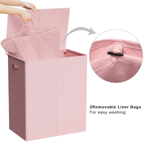 WOWLIVE 154L Double Laundry Hamper with Lid and Removable Laundry Bags, Large Dirty Clothes Hamper 2 section Collapsible Laundry Basket Dorm Room Storage for Bedroom, Bathroom, College,Pink - Image 4