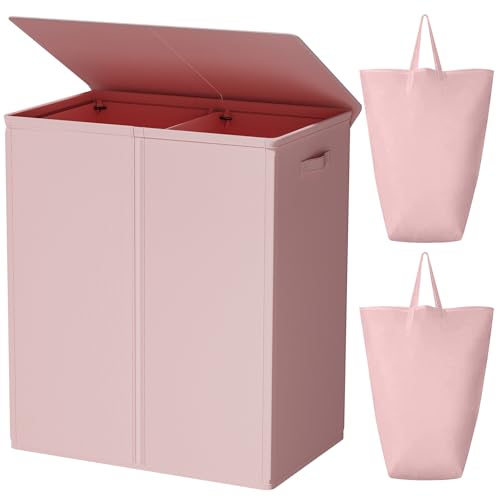 WOWLIVE 154L Double Laundry Hamper with Lid and Removable Laundry Bags, Large Dirty Clothes Hamper 2 section Collapsible Laundry Basket Dorm Room Storage for Bedroom, Bathroom, College,Pink - Image 1
