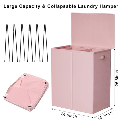 WOWLIVE 154L Double Laundry Hamper with Lid and Removable Laundry Bags, Large Dirty Clothes Hamper 2 section Collapsible Laundry Basket Dorm Room Storage for Bedroom, Bathroom, College,Pink - Image 5