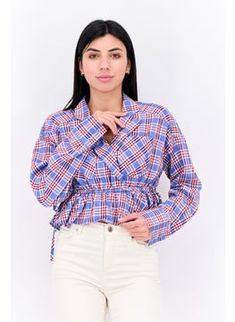 ONLY Women Notched Collar Long Sleeve Checkered Top, Blue  - Image 1