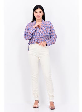 ONLY Women Notched Collar Long Sleeve Checkered Top, Blue  - Image 4