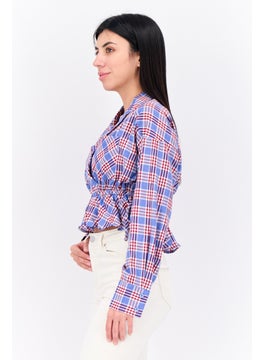 ONLY Women Notched Collar Long Sleeve Checkered Top, Blue  - Image 2