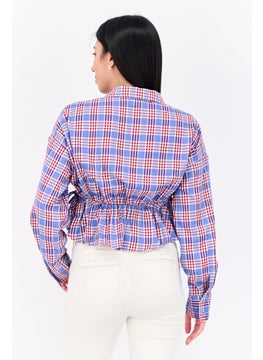 ONLY Women Notched Collar Long Sleeve Checkered Top, Blue  - Image 3