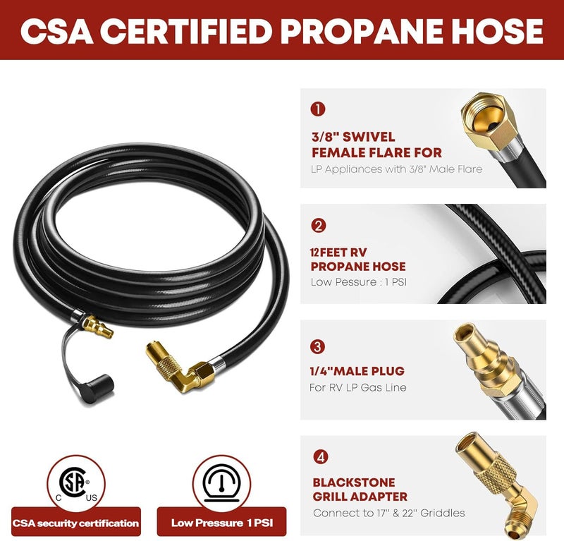 GasXpert خرطوم غاز البروبان السريع المحسن للسيارات الترفيهية إلى الشوايات، 12 قدم خرطوم غاز البروبان للسيارات الترفيهية مع محول الكوع بلاكستون، مناسب لشواية بلاكستون 22 بوصة و 17 بوصة - Image 2