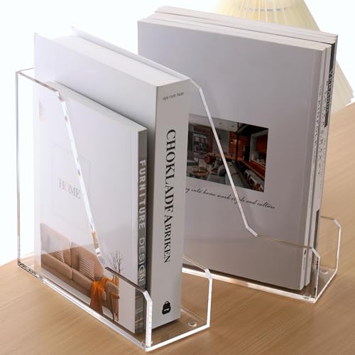 HeZone Acrylic Magazine Rack File Holder Desk Organizers and Storage 2Pack Small Clear Acrylic Vertical Magazine Holder Book Stand for Office Desk - Image 1