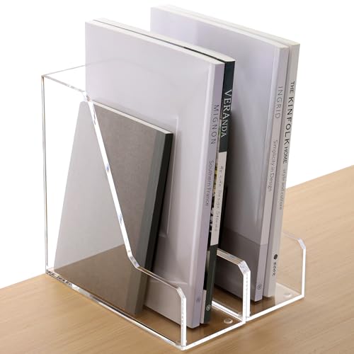 HeZone Acrylic Magazine Rack File Holder Desk Organizers and Storage 2Pack Small Clear Acrylic Vertical Magazine Holder Book Stand for Office Desk - Image 3