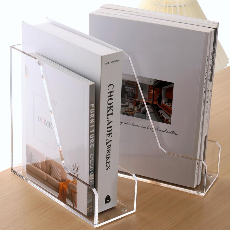 HeZone Acrylic Magazine Rack File Holder Desk Organizers and Storage 2Pack Small Clear Acrylic Vertical Magazine Holder Book Stand for Office Desk - Image 2