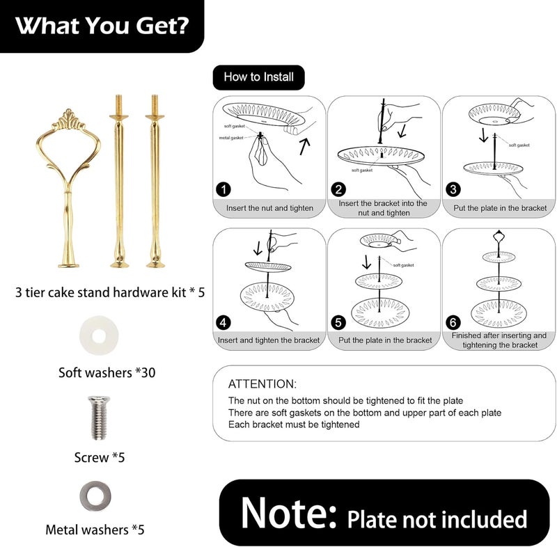 Happy Will 3 Tier Tiered Tray Hardware Kits Fruit Cake Plate Handle Fitting Hardware Rod Dessert Stand Holder Golden Crown 5 Set（Plate not Included） - Image 4