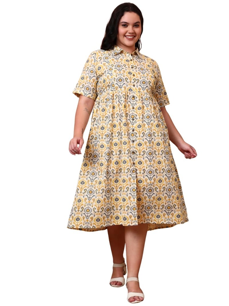 Yash Gallery Women’s Yellow Plus Size Cotton Floral Printed Maternity Dress | Comfortable Feeding Dress with Zigzag Sleeves & Border | Stylish Pregnancy & Nursing Wear for Moms - Image 1