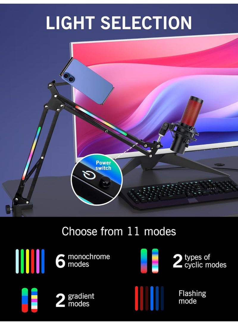 YQLIFE RGB Boom Arm - Mic Arm With RGB Light, Adjustable 11 Light Modes, Microphone Boom Arm With Adapter Compatible with Fifine Microphone, Blue Yeti, HyperX QuadCast and Most Gaming Mic - Image 2