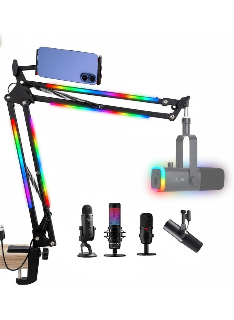 YQLIFE RGB Boom Arm - Mic Arm With RGB Light, Adjustable 11 Light Modes, Microphone Boom Arm With Adapter Compatible with Fifine Microphone, Blue Yeti, HyperX QuadCast and Most Gaming Mic - Image 1