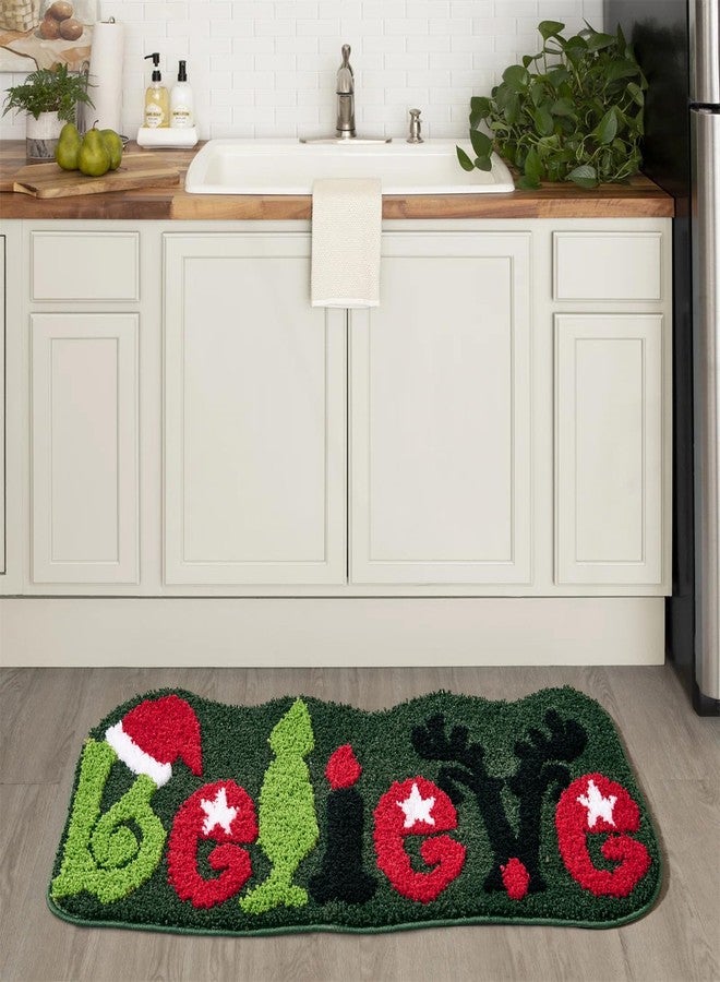 Ouyattle Cute Believe Christmas Bath Mat Non Slip Washable, 20''W x 32''L Green Grinch Reindeer Fun Xmas Bathroom Rugs Decorations, Holiday Winter Festive Seasonal Shaggy Microfiber Bath Rug Absorbent - Image 2