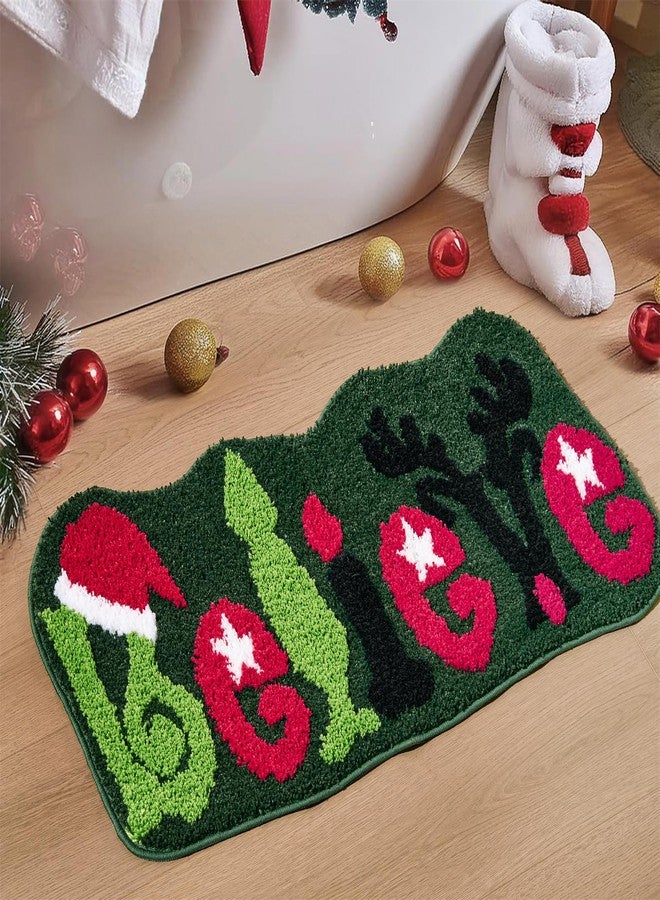 Ouyattle Cute Believe Christmas Bath Mat Non Slip Washable, 20''W x 32''L Green Grinch Reindeer Fun Xmas Bathroom Rugs Decorations, Holiday Winter Festive Seasonal Shaggy Microfiber Bath Rug Absorbent - Image 1