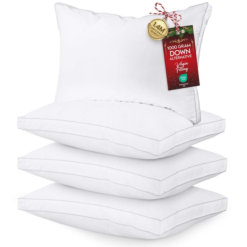 وسائد سرير  Bedding بحجم كوين أبيض، مجموعة من 4. وسائد ناعمة ورقيقة بحشوة بديلة للريش، تبريد، جودة فندقية، تصميم مضلع لآلام الظهر أو المعدة أو الجانب.